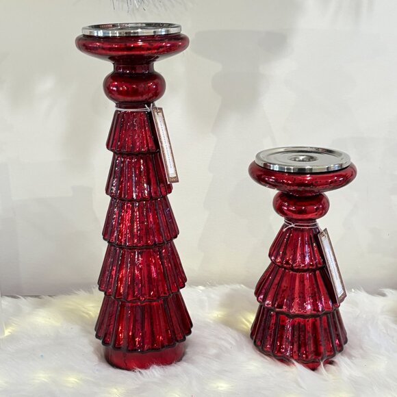 Christmas Holiday Tree Tired Red Mercury Glass Pillar Candle Tapers Holder PAIR - Picture 2 of 10